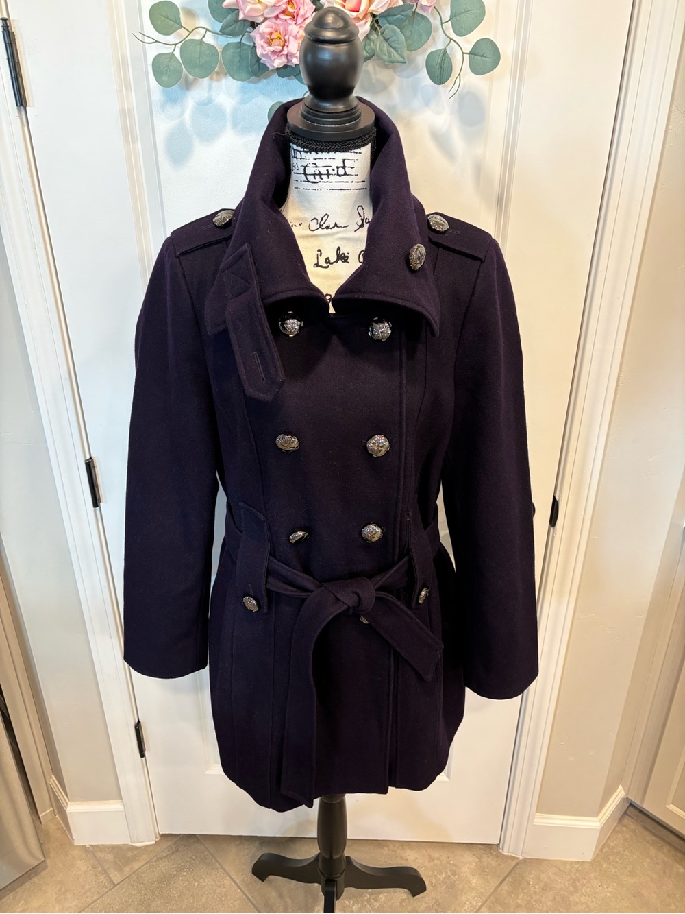 Calvin Klein Purple Wool Blend Belted Pea Coat Jacket Size 12 Late 2000s